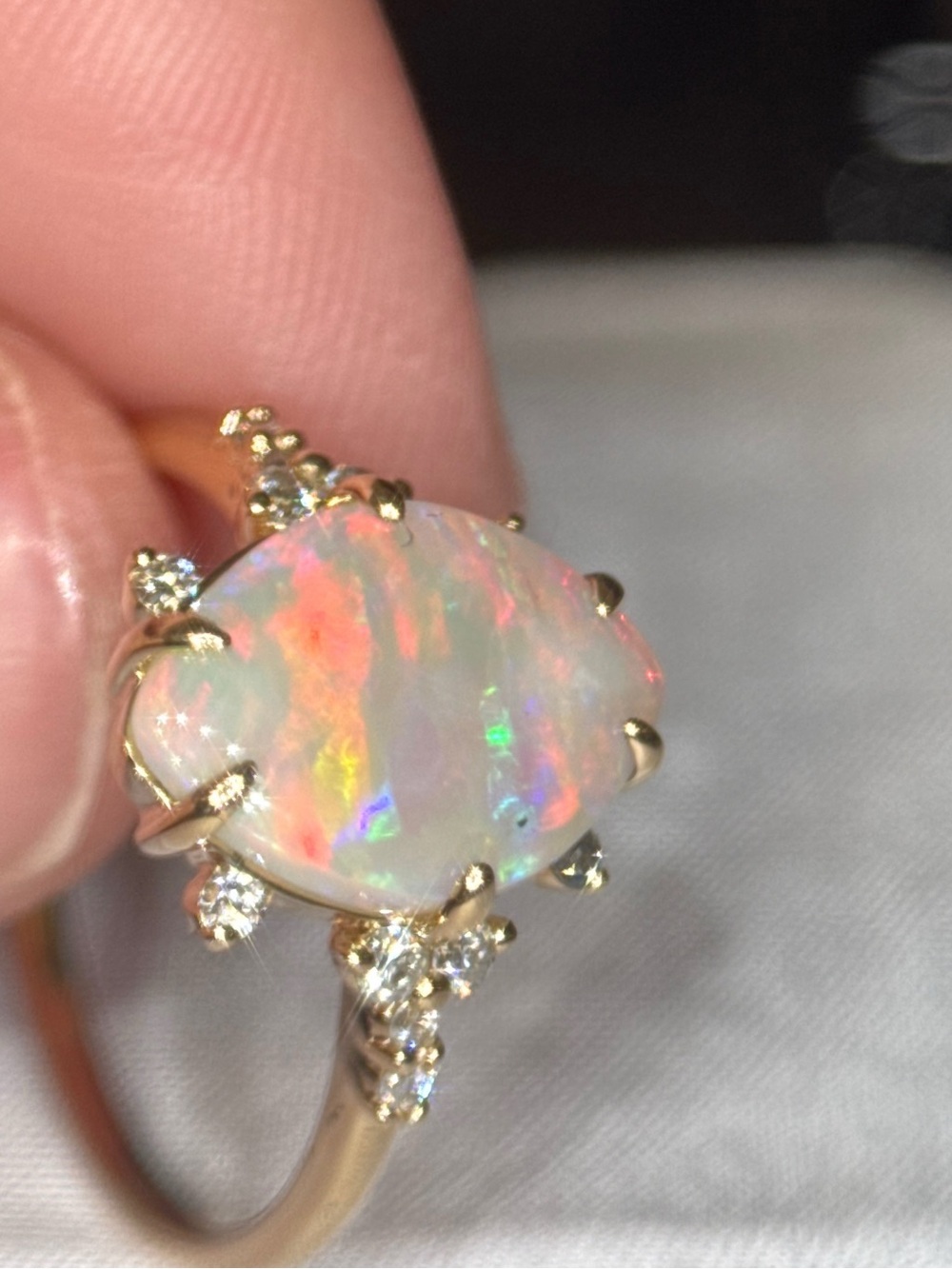 Australian Opal and Diamond Halo Ring in 14k Yellow Gold - Iridescent Opal - Picture 8 of 12